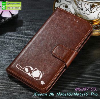 M5387-03 เคสฝาพับ Xiaomi Mi Note10 ลายแมว สีน้ำตาล